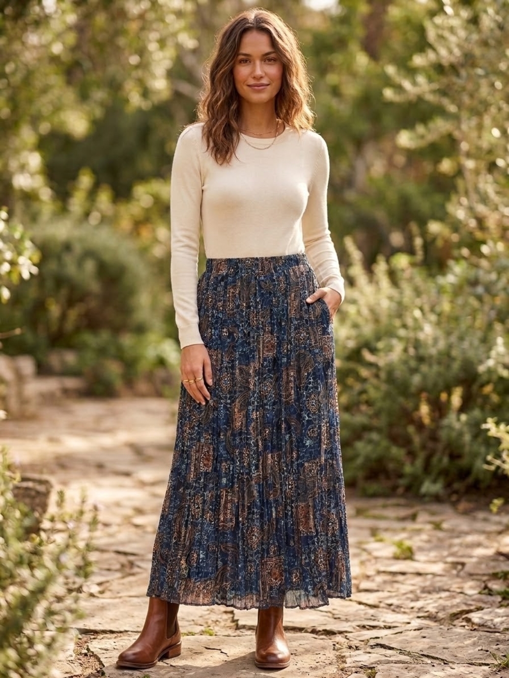 Bohemian Pleated Maxi Skirt - Navy Multi